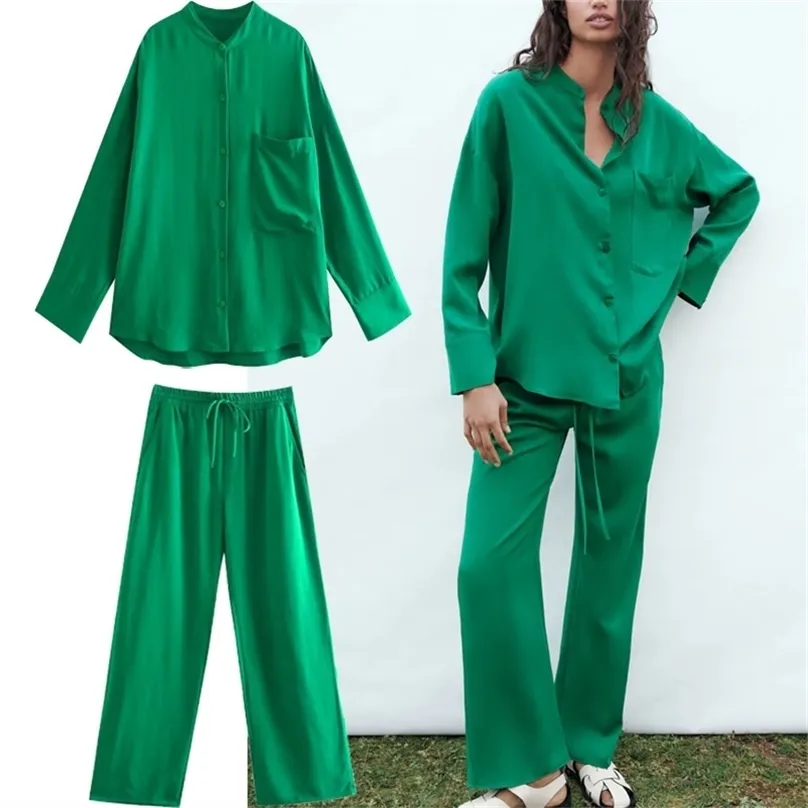 ZA verde cintura alta calça mulheres ajustável elástico cordão vintage calças mulher casual verão grande perna 210915