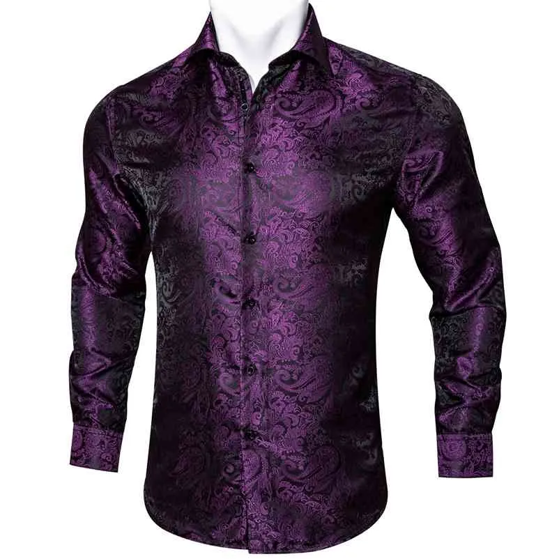 Barry.Wang Purple Paisley Floral Seda Camisas Hombres Otoño Manga larga Casual Camisa de flores para hombres Diseñador Fit Camisa de vestir BCY-09 210708