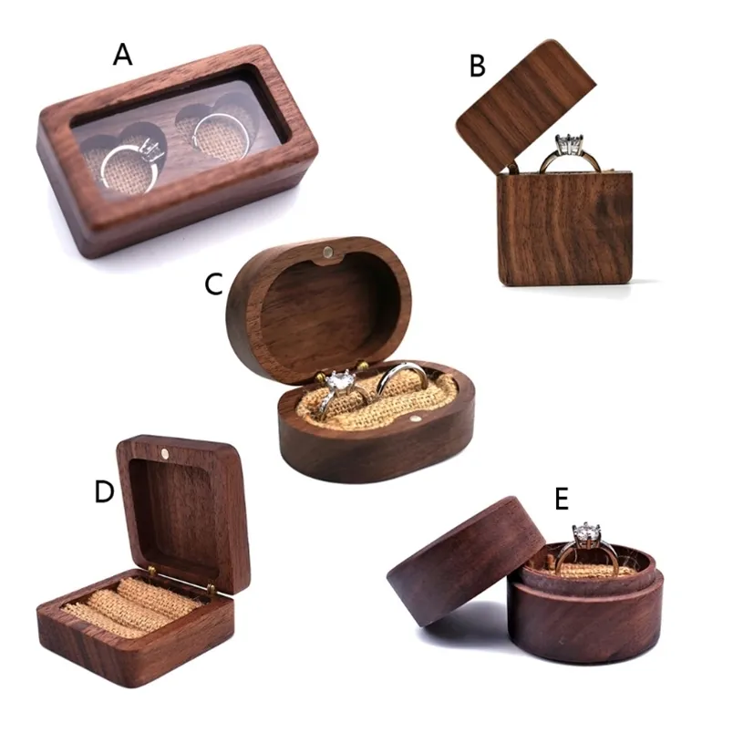 Walnut Wood Jewelry Box Engagement Wedding Ceremony Ring Storage Proposal Portable Ring Holder Rustic Wedding Ring Box 220105