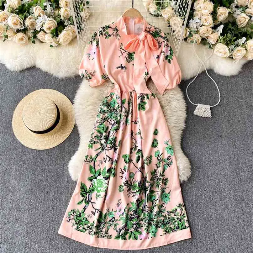 Women Fashion Court Spring Elegant Lace Up Bow Stand Neck Print A-line Dress Clothing Vestidos R899 210527