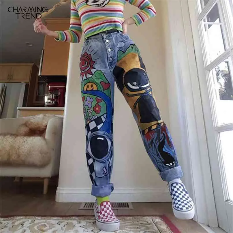 Womens Cartoon Printed Jeans Atumn Winter Girls Harem Pant Trousers Single Breasted Pants Denim Kvinna Hight Waist Jean 210922