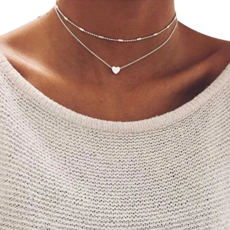 2019 New Lovely Style 2 layers Love Heart Adjustable Necklace Multilayer Chain Choker Necklaces For Gift 2 Pcs/Set