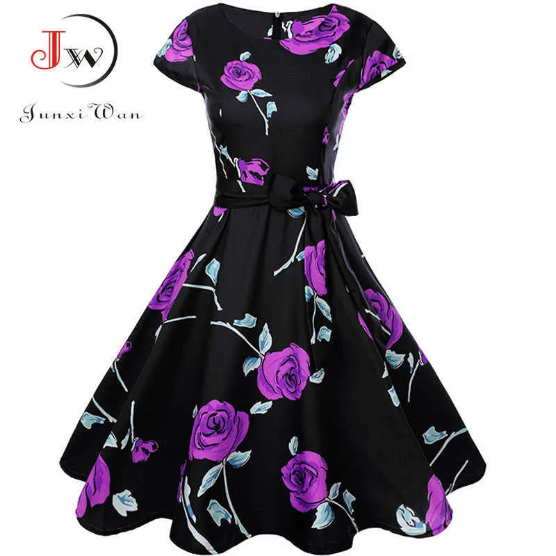 Print Summer Drowomen Floral Cap Mouw Vintage Dret Riem Elegante Robe Rockabilly Party Jurken Sundrplus Size X0529