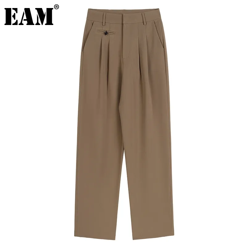 [EAM] High Elastic Waist Brown Pleated Wide Leg Trousers Loose Fit Pants Women Fashion Spring Autumn 1DD7276 210512