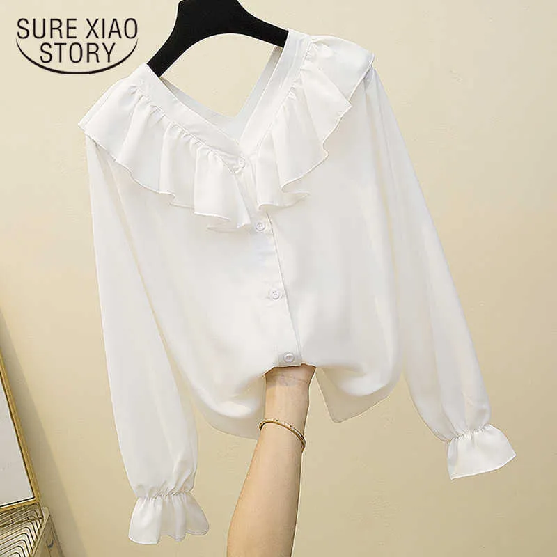 Autumn Korean-Style Large Girl's Front and Back V-neck Ruffles Belly Covering Chiffon Tops Plus Size 4XL Blouse 10223 210527