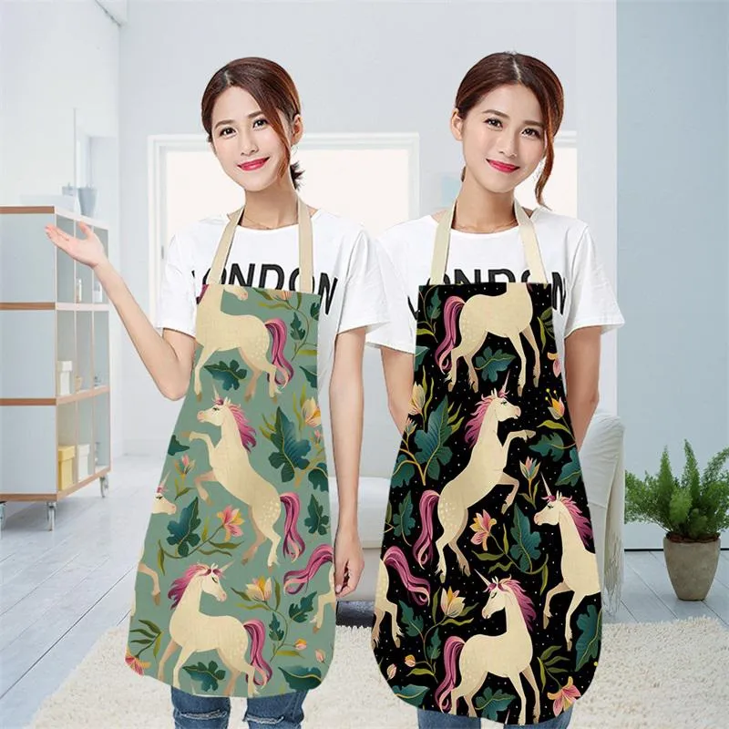 Female Sleeveless Cartoon Unicorn Apron Cotton And Hemp Pinafore Floral Prints Cooking Aprons For Home Kitchen Popular Creative 7 5my J1