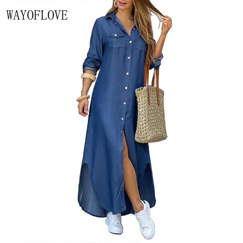 Wayoflove Denim Niebieska Solidna Sukienka Kobiety Eleganckie Dorywczo Plus Rozmiar Robe Długie Rękaw Suknie Kobieta Przycisk Koszula Długa Dress 210602
