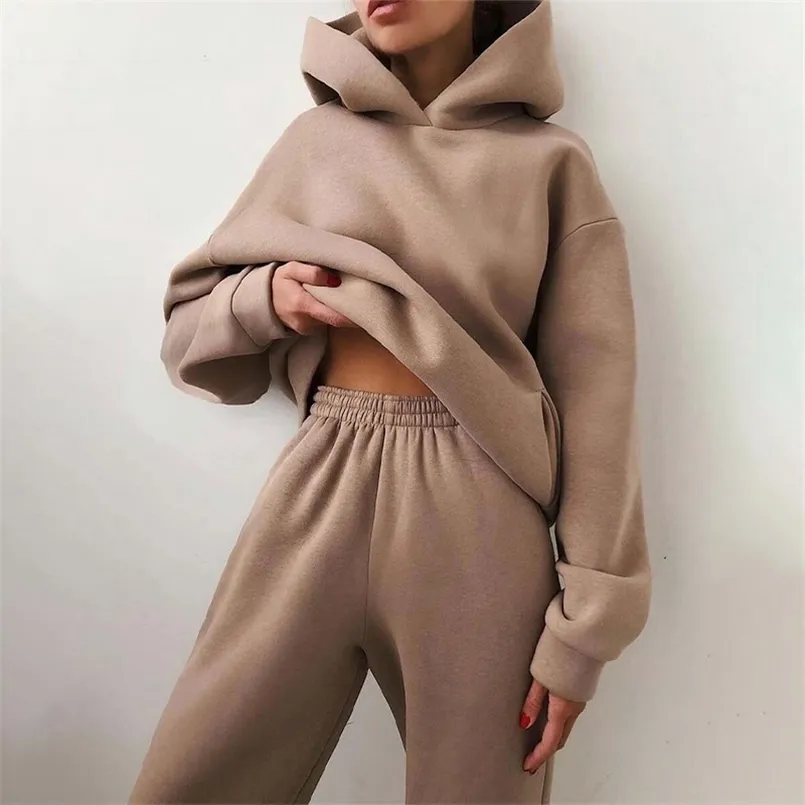 Hoodies Dois peça Set Mulheres Manga Longa Sólida Bolso Casual Pullover Suit Spring Elastic Sports Pants Feminino Tracksuit 210819