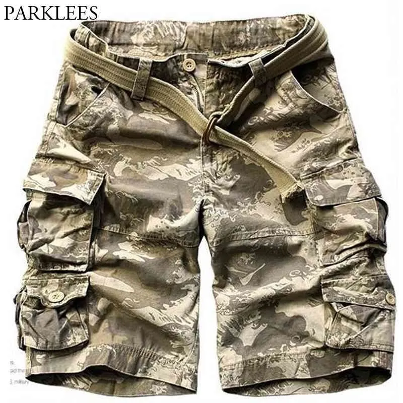 Wojskowy Styl Kamuflaż Spodenki Cargo Mężczyźni Dorywczo Kolano Długość Szorty Work Homme Multi-Loose Casual Short Masculino 210522