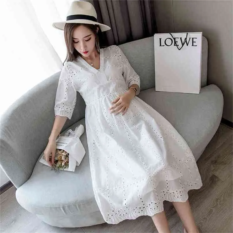 1695# V Neck High Waist Slim Maternity Party Dress Sweet Lovely Hollow Out Cotton Clothes for Pregnant Women Summer Pregnancy 210922