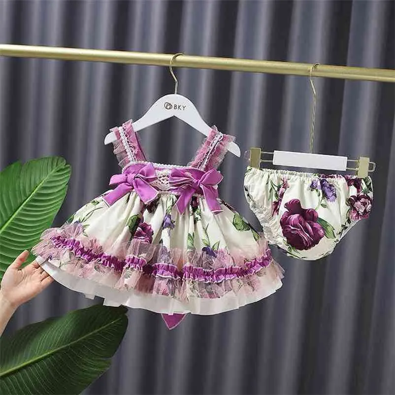 Girls Spanish Floral Robes Toddler Tutu Tulle Princess Lolita Robe de bal Vêtements d'anniversaire pour bébé avec pantalon bébé robe baptême 210615