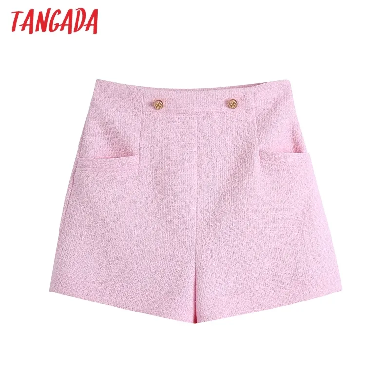 Vrouwen elegante roze tweed rits zakken vrouwelijke retro casual shorts pantalones be521 210416