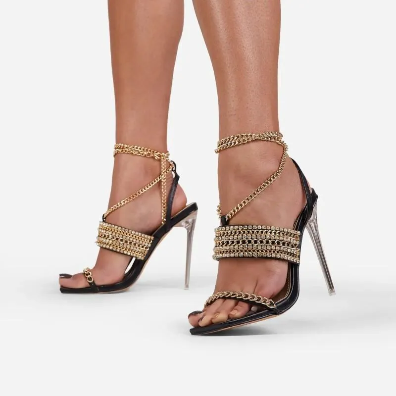 Chaussures femmes sandales chaîne détail à lacets bout carré clair plexiglas 12 CM talons hauts métallisé Faux cuir fête dames