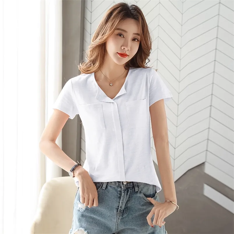 Wwenn Kobiety Koszulka Krótki Rękaw Kieszonkowy V-Neck Bawełna Plus Size Summer T Shirt Kobieta Moda Top Tee Biały Różowy Purpurowy 210507