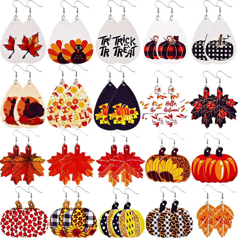 Fall Faux Läder Teardrop Dangle Örhängen Plaid Pumpkin Solros Maple Leaves Höst Örhängen Smycken Thanksgiving för kvinnor semester tillbehör