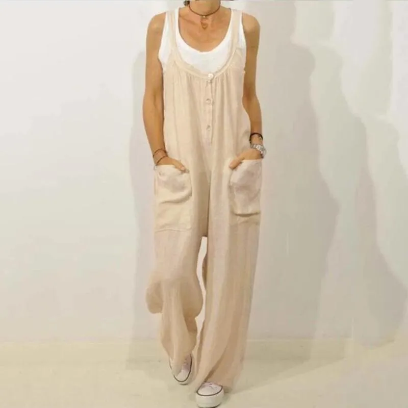 Jumpsuits das Mulheres Macacão Oversize 2021 Mulheres Casual de Algodão Solto Linho Bolsos Sólidos Jumpsuit Macacão Grande Perna Calças Cortadas Plus