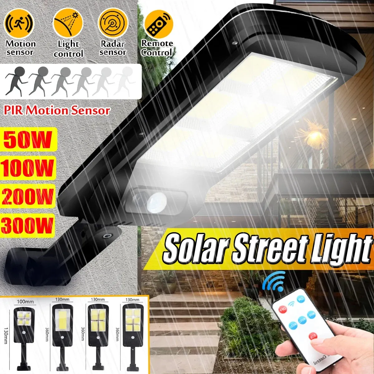 Solar Powered LED COB Street Light PIR Motion Sensor Outdoor Garden Wall Lamp+Remote Control - A