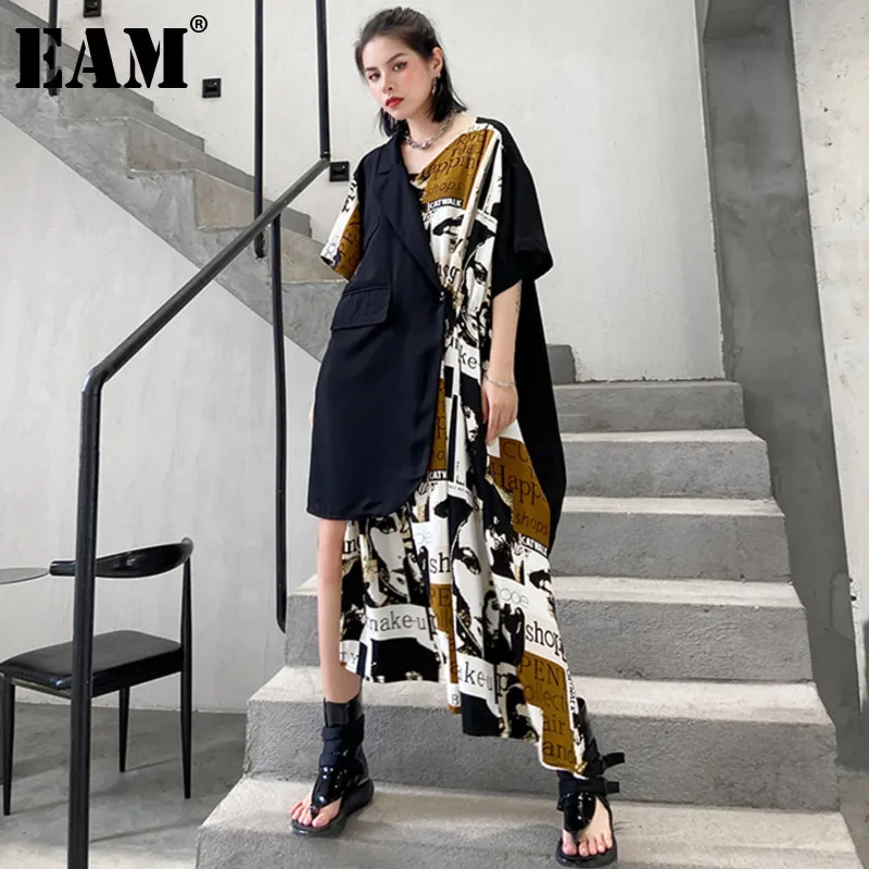 [EAM] Women Black Pocket Asymmetrical Long Dress Lapel Short Sleeve Loose Fit Fashion Spring Summer 1DD6284 21512
