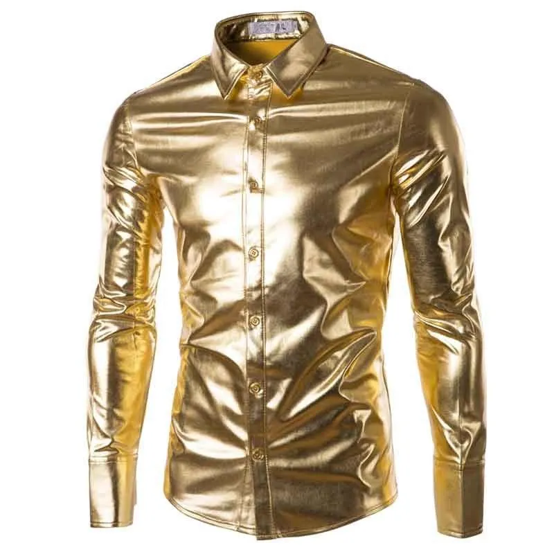 Chemises habillées pour hommes Or Argent Brillant Revêtement En Cuir Chemise Hommes Clubwear Mode Manches Longues Haut Boutonné Style Punk Hip Hop 256n