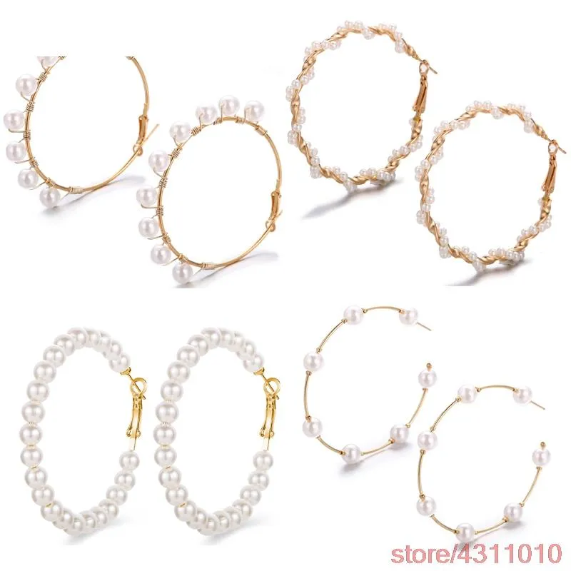 Enkel enkel guldfärg metall Pearl Hoop örhängen Kvinnlig kvinnlig mode Big Circle -uttalande för koreanska smycken Huggie