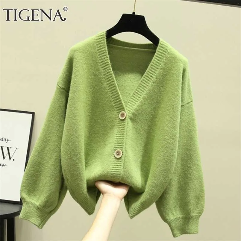 TIGENA Cardigan oversize Donna Primavera Casual Solido scollo a V Cardigan a maniche lunghe Maglione Giacca in maglia femminile Cappotto verde rosa 211103