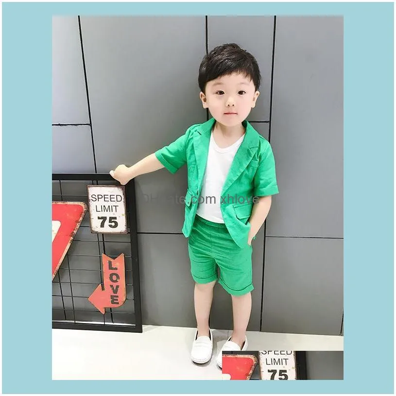 2020 Kids Summer 2pcs Short Sleeve Blazer Shorts Boys Formal Suits ChildrenWedding Clothing Sets Prom Performance Costumes