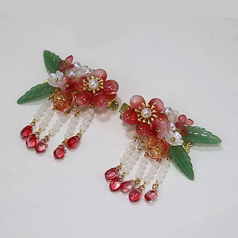 Barrettes à cheveux avec pompon rouge, épingle à cheveux en forme de fleur, Hanfu, coiffure traditionnelle pour femmes, faite à la main