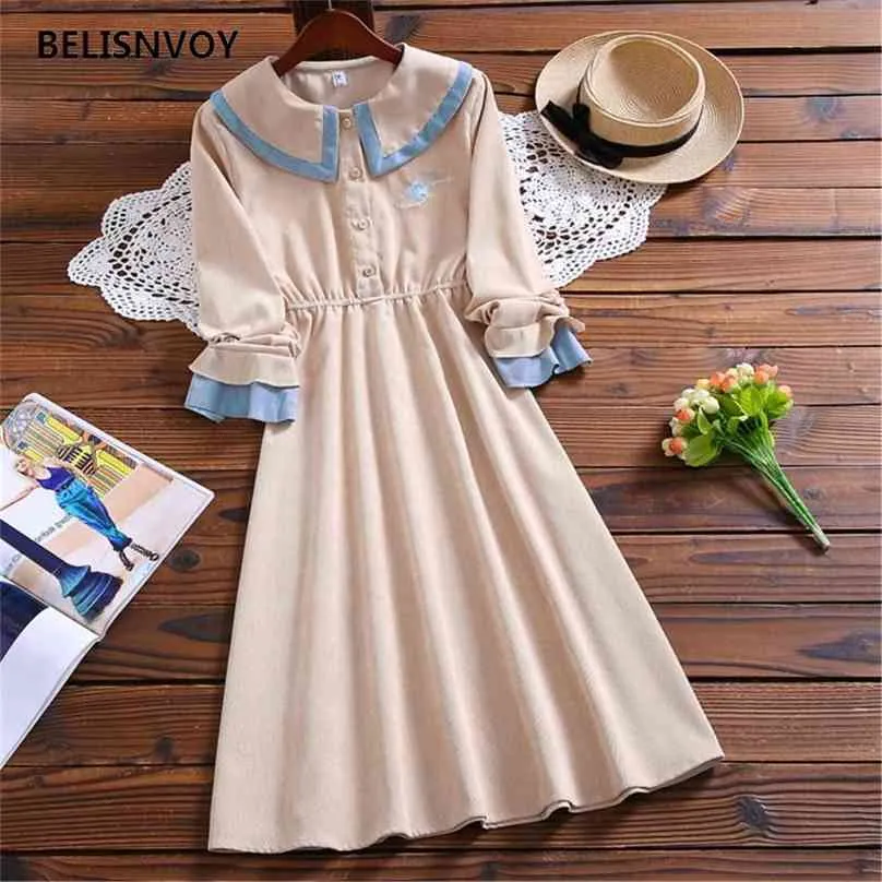 Automne hiver Mori fille mignon solide velours côtelé doux robe japon Style Preppy col claudine élégant Vintage femmes Vestidos 210520