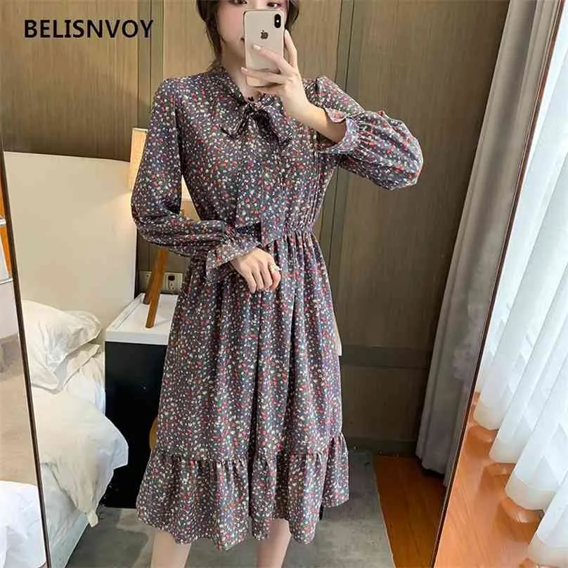 Lente Herfst Bowknot Jurken Dames Lange Mouw Vintage Ruches Chiffon Vestidos voor Dames Casual Floral Printed Midi 210520