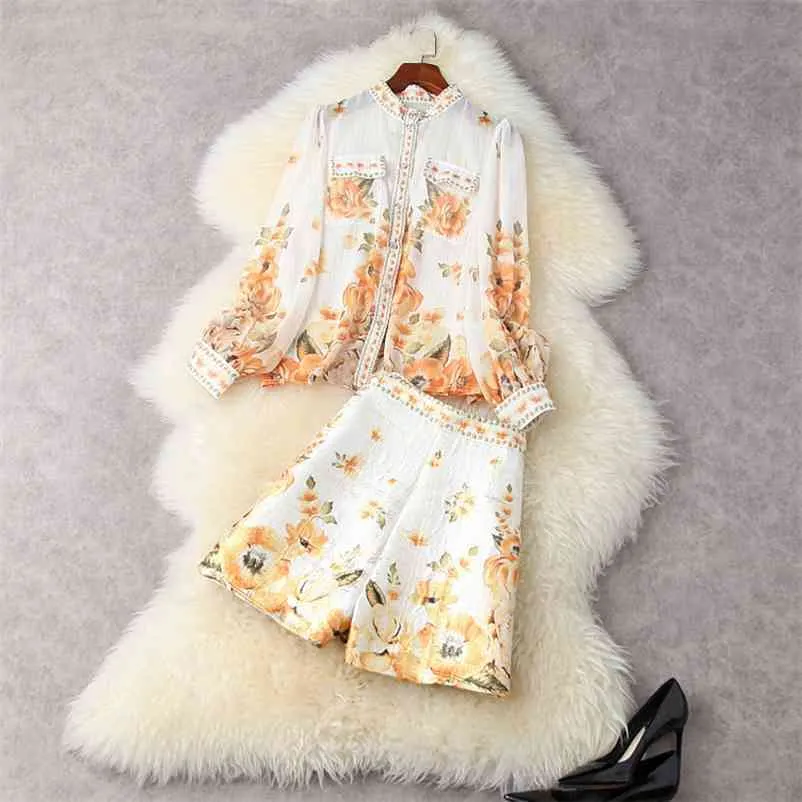 높은 거리 패션 디자이너 활주로 정장 세트 여성 긴 소매 꽃 블라우스 셔츠 반바지 210521