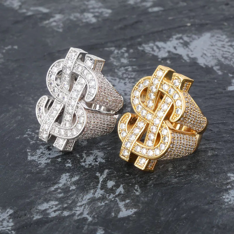 رجل الهيب هوب حلقة مجوهرات الدولار تسجيل الأحجار الكريمة الزركون الأزياء خواتم الذهب الكبيرة