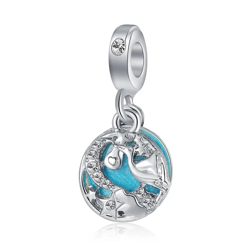 Fit Pandora Charm Bracelet European Silver Charms Snake Beads Blue Enamel Moon & Stars Pendant DIY Snake Chain For Women Bangle Necklace Jewelry
