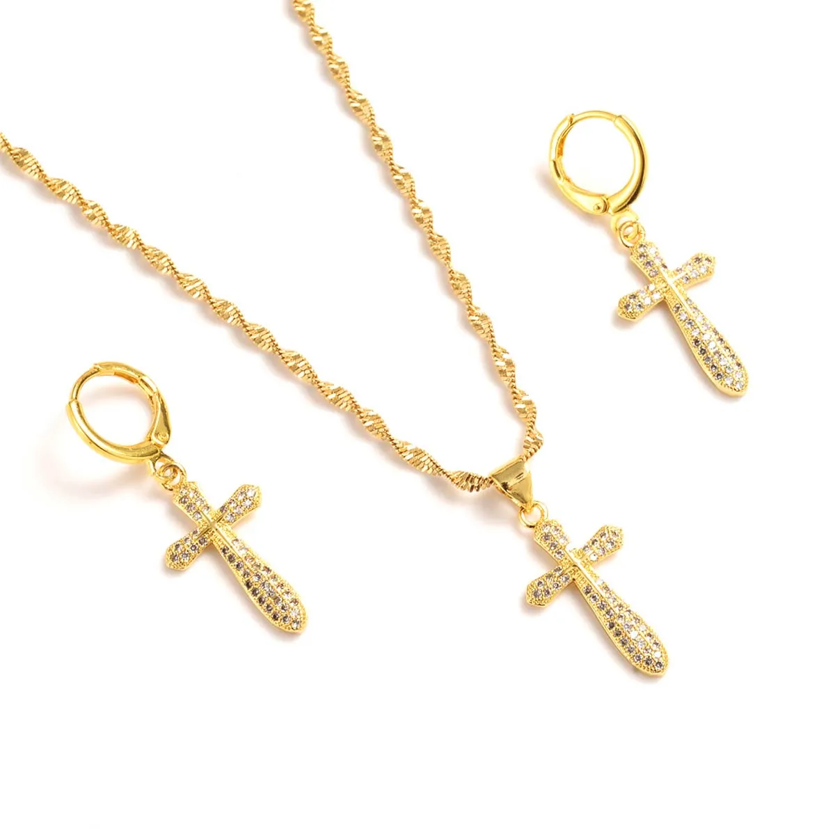 Set di gioielli africani senior Orecchini pendenti Fine18 k giallo G/F oro cristallo Croce bianca intarsio CZ Donne Catena ragazze