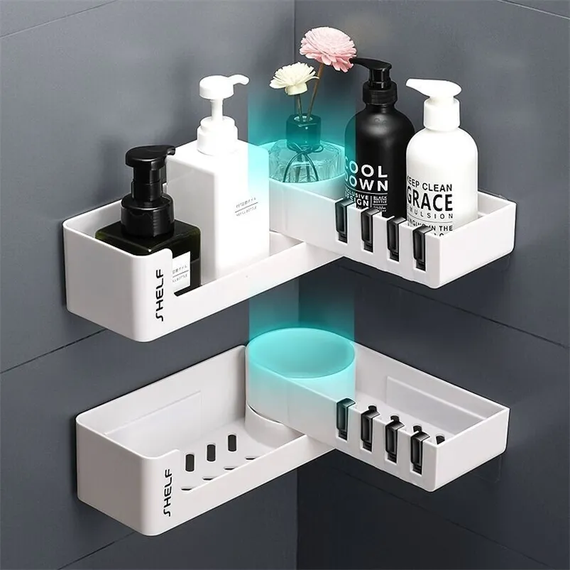 Corner Shower Shelf Bathroom Shampoo Shower Shelf Holder Self Adhesive Kitchen Nail-Free Fitted Wall Storage Organizer Rack 210811