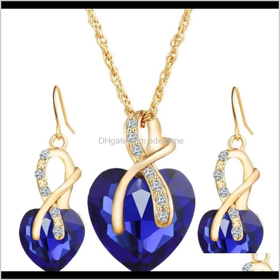 earring necklace jewelry sets 4 color heart crystal pendant alloy accessory zircon diamond gold plated metal chain