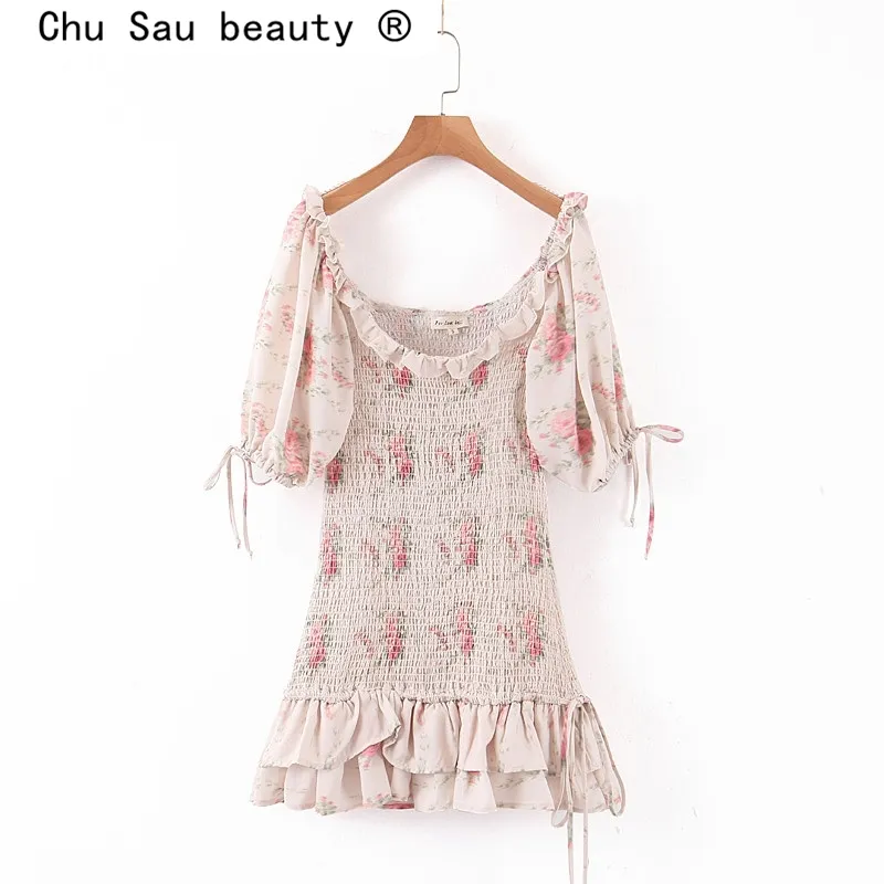 Chu Sau Beauty Fashion Blogger Style Blommigryck Pläterad Fold Midi Dress Kvinnor Vintage Chic Ruffles Mini Dresses Kvinna 210508