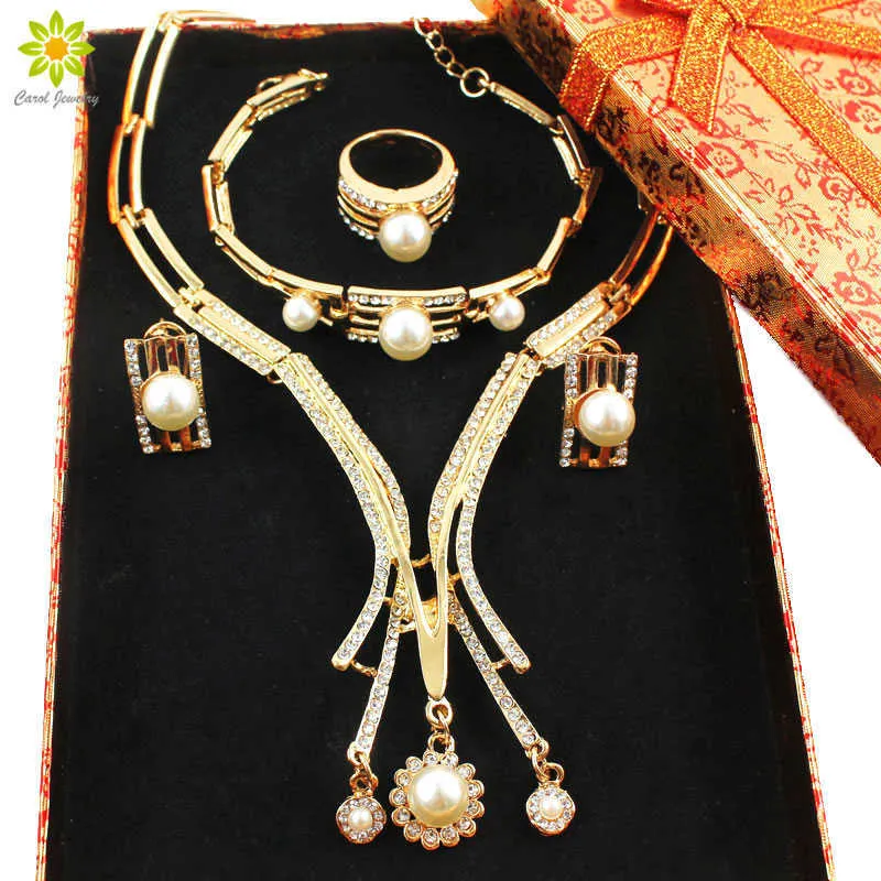 Fine Jewelry Set Gold Color Dubai African Crystal Simulated Pearl Necklace Sets Wedding Bride Jewelry Set +Gift Boxes H1022