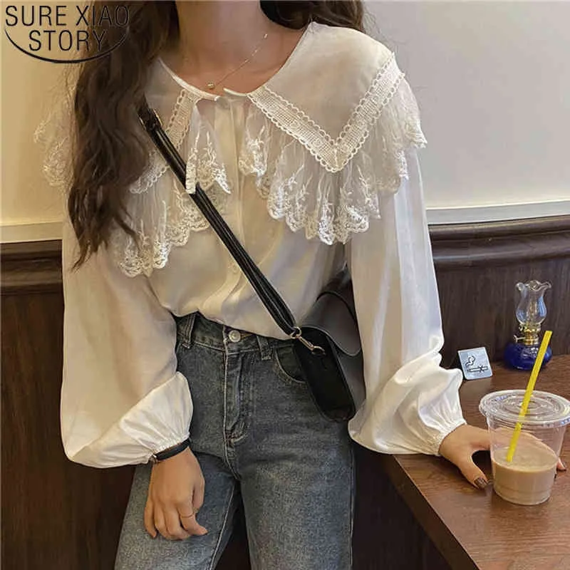 Gullig spetschiffonskjorta Casual Sweet Women Peter Pan Collar Koreanska Chic Ladies Toppar Puff Sleeve Vintage Blouse 11767 210417