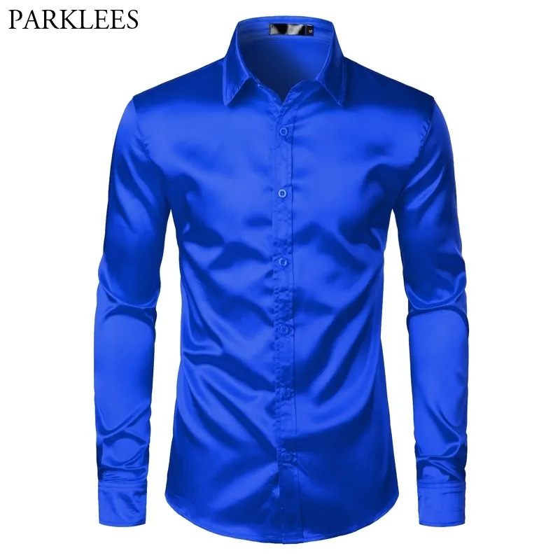 Kraliyet Mavi Ipek Saten Gömlek Erkekler Lüks Marka Slim Fit Erkek Elbise Gömlek Düğün Parti Rahat Erkek Rahat Gömlek Chemise 210522