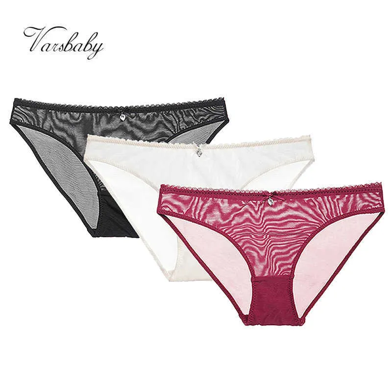 VarsBaby Sexy Garn Transparent Underkläder Lågmidja Briefs Solid S-XXL Panties 3PCS / Massor för unga kvinnor 211021