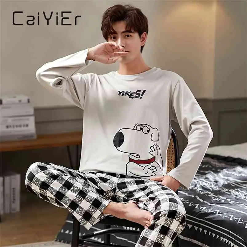 CAIYIER Automne Hiver Hommes Pyjamas Ensemble Mignon Dessin Animé Imprimer Pyjamas Doux Lâche O-Cou Mâle Nuit Plus Taille Lounge Wear M-3XL 210901