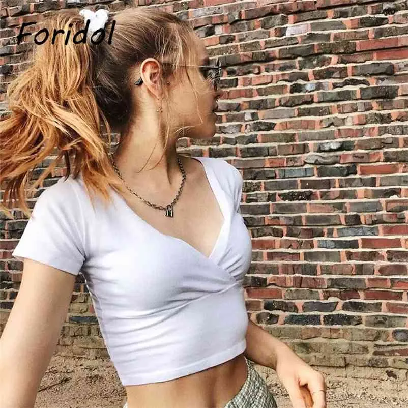 Foridol V Neck White T-shirt Women Crop T Shirt Casual Black Summer Women's Clothing Harajuku Slim Tops T Shirts 210415