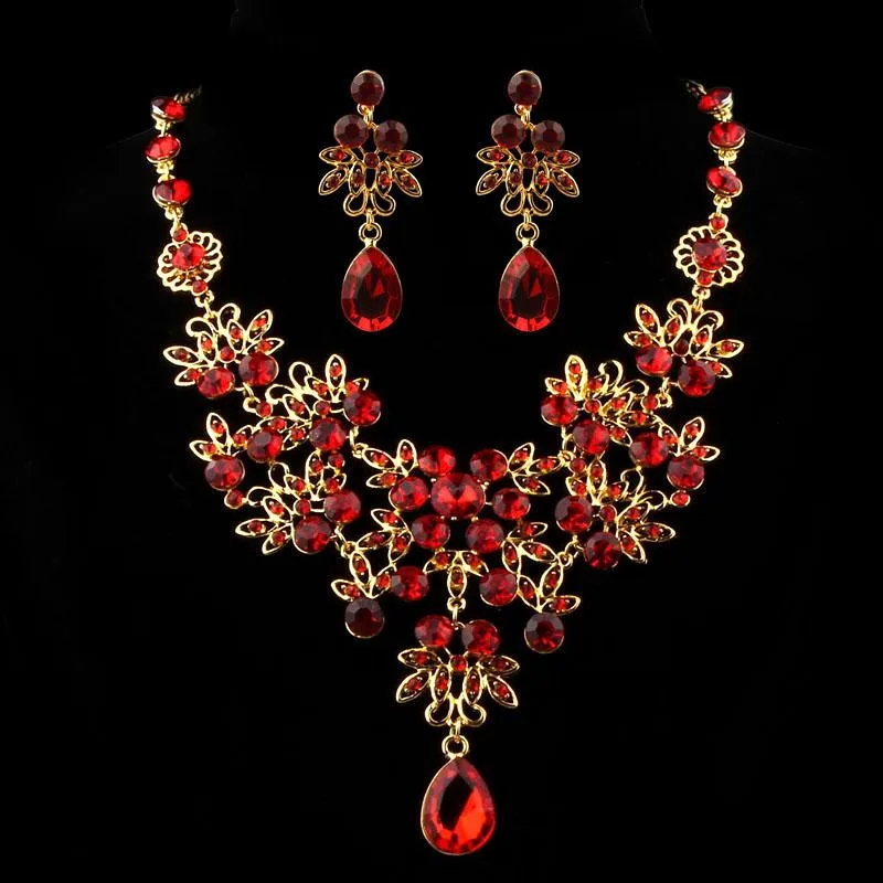 Pendant Necklaces Chinese Style Vintage Red Crystal Rhinestone Jewelry Sets Luxury Exquisite Necklace And Earrings For Women Prom Wedding 21