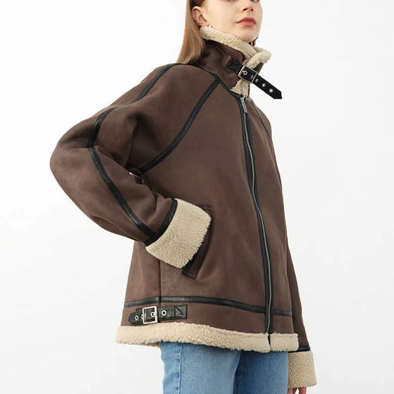 LY VAREY LIN Autumn Winter Women Fashion Lapel Long Sleeve Coat Loose Fit Brown Thick Warm Jacket 210526