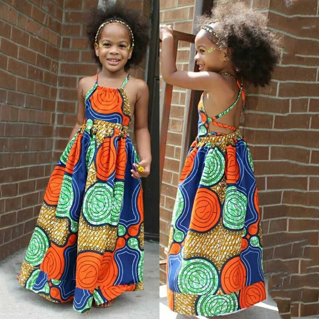 Kids Girls African Clothing Children Bazin Riche Dashiki Fashion Cute Dresses Ethnic Printed Suspenders Backless Princess Dress Q0716