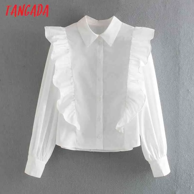 Wiosna Vintage Kobiety Ruffles Białe Koszule Z Długim Rękawem Solidne Eleganckie Panie Biurowe Pracy Nosić Bluzki CE69 210416