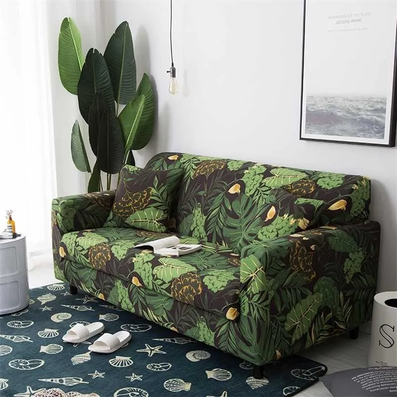 Feuilles tropicales et fleurs housse de canapé flexible housse de meubles extensible tout compris serviette décor à la maison 1/2/3/4 siège 211207