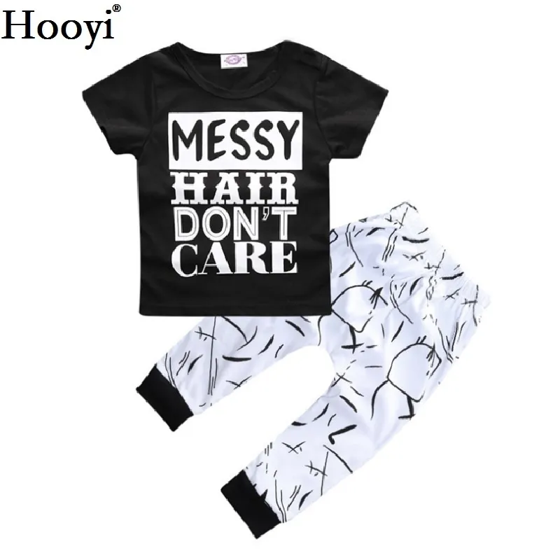 Sommer Baby Mädchen Kleidung Set Kinder Schwarz T-Shirt Weiß Hosenanzug Messy Hair Don't Care Kinder Outfit 100% Baumwolle Tops 210413