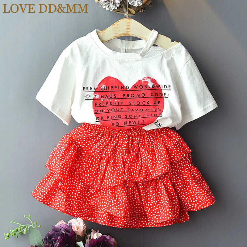 Kärlek DDMM-tjejer sätter sommar barnkläder tjejer älskar kortärmad t-shirt + söt våg punkt fluffig kjol kostym 210715