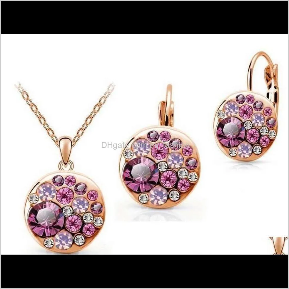 18k rose gold plated crystal jewelry set for women round necklace earrings sets conjuntos wedding jewelry set bridal set